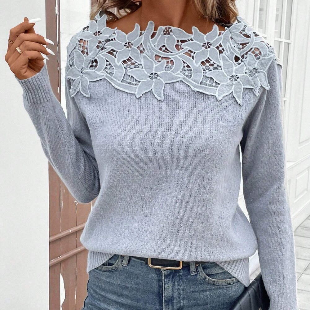 Grey Casual Women's Lace Patchwork Crew Neck Pullover Sweater - Picture 3 of 5